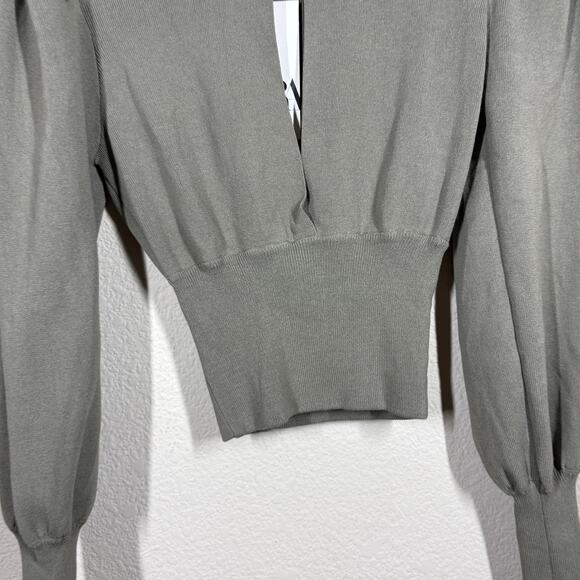 Zara Womens Small Sweater Top Crop Gray Green Keyhole Puff Sleeves Mock Neck - Picture 7 of 10